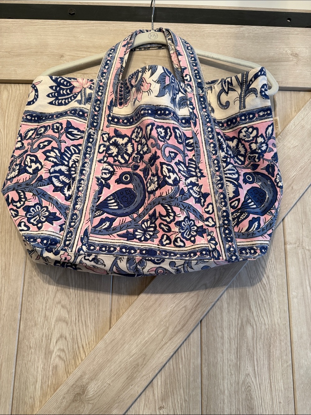 Bell by Alicia Bell Pink & Navy Floral Bird Canvas Tote Bag